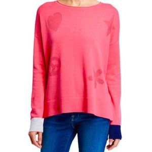 LISA TODD Womens L Pink Good Vibrations Stars Heart Pullover Sweater Color Cuffs